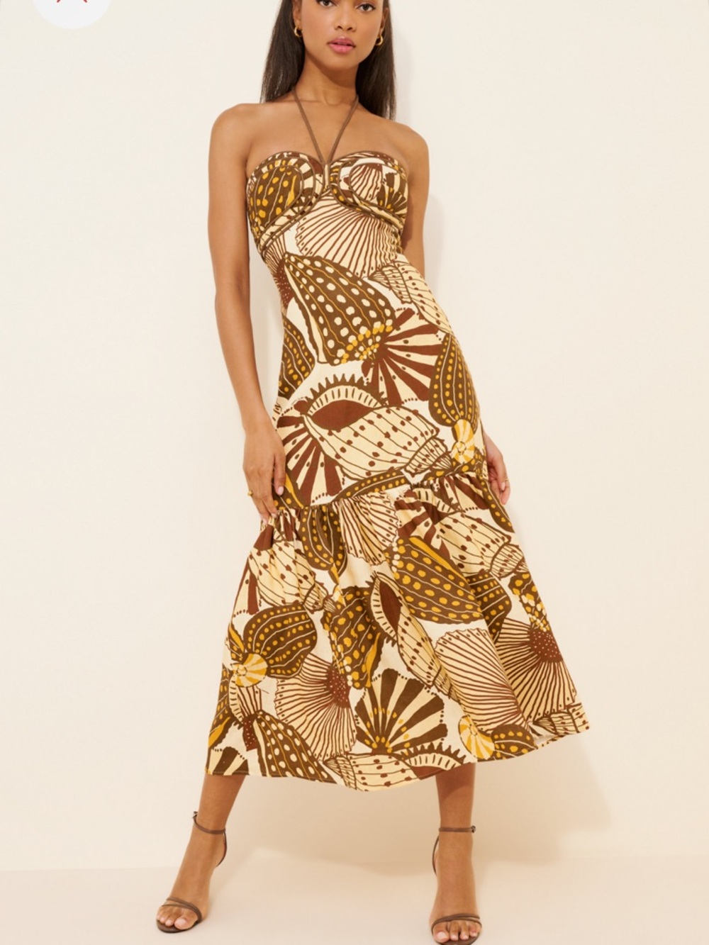 Farm Rio Shell Sleeveless Maxi Dress | Size S | Brown | Linen Resort Maxi